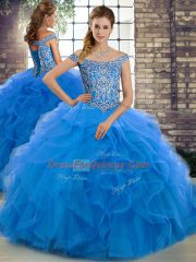 Blue Tulle Lace Up Off The Shoulder Sleeveless Vestidos de Quinceanera Brush Train Beading and Ruffles