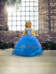Blue Tulle Lace Up Off The Shoulder Sleeveless Vestidos de Quinceanera Brush Train Beading and Ruffles