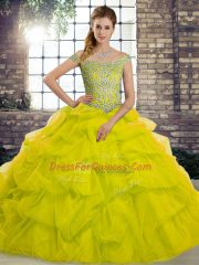 Beading and Pick Ups Quinceanera Dress Yellow Green Lace Up Sleeveless Brush Train