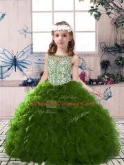 Perfect Floor Length Olive Green Kids Formal Wear Organza Sleeveless Beading and Ruffles