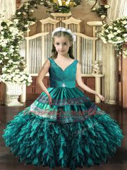 Floor Length Ball Gowns Sleeveless Teal Child Pageant Dress Backless