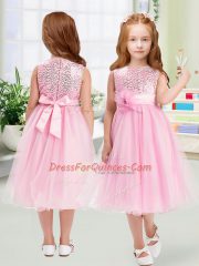 Organza Scoop Sleeveless Zipper Sequins and Hand Made Flower Flower Girl Dresses in Rose Pink