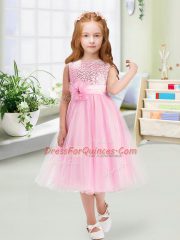 Organza Scoop Sleeveless Zipper Sequins and Hand Made Flower Flower Girl Dresses in Rose Pink