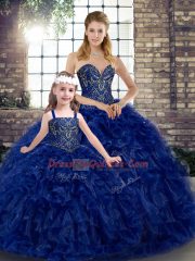 Beading and Ruffles Quinceanera Dress Royal Blue Lace Up Sleeveless Floor Length