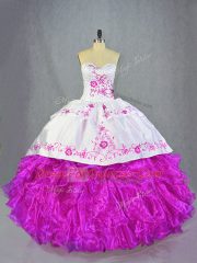 Latest Fuchsia Ball Gowns Organza Sweetheart Sleeveless Beading and Embroidery and Ruffles Lace Up Quinceanera Gown Brush Train