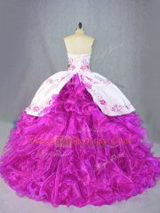 Latest Fuchsia Ball Gowns Organza Sweetheart Sleeveless Beading and Embroidery and Ruffles Lace Up Quinceanera Gown Brush Train