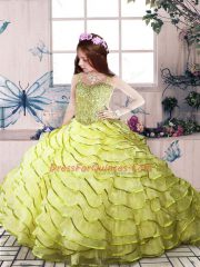 Elegant Straps Sleeveless Zipper Little Girls Pageant Dress Wholesale Yellow Green Organza