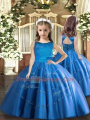 Wonderful Floor Length Ball Gowns Sleeveless Blue Pageant Gowns Lace Up