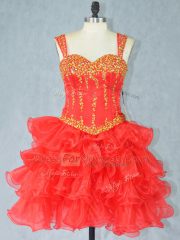 Deluxe Red Prom Dress Prom and Party with Beading and Ruffled Layers Straps Sleeveless Lace Up