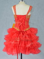 Deluxe Red Prom Dress Prom and Party with Beading and Ruffled Layers Straps Sleeveless Lace Up