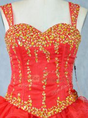 Deluxe Red Prom Dress Prom and Party with Beading and Ruffled Layers Straps Sleeveless Lace Up