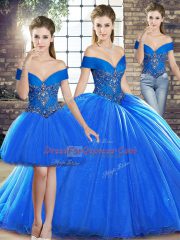 Custom Design Brush Train Three Pieces Sweet 16 Quinceanera Dress Royal Blue Off The Shoulder Organza Sleeveless Lace Up