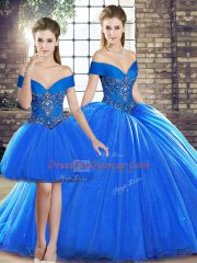 Custom Design Brush Train Three Pieces Sweet 16 Quinceanera Dress Royal Blue Off The Shoulder Organza Sleeveless Lace Up