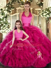 Custom Fit Fuchsia Tulle Lace Up Halter Top Sleeveless Floor Length Quinceanera Gown Ruffles
