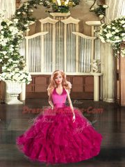 Custom Fit Fuchsia Tulle Lace Up Halter Top Sleeveless Floor Length Quinceanera Gown Ruffles