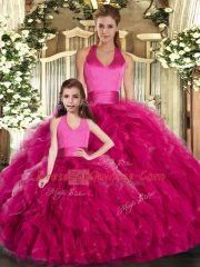 Custom Fit Fuchsia Tulle Lace Up Halter Top Sleeveless Floor Length Quinceanera Gown Ruffles