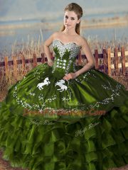 Olive Green Sweetheart Lace Up Embroidery and Ruffles 15 Quinceanera Dress Sleeveless