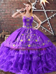 Purple Ball Gowns Sweetheart Sleeveless Satin and Organza Floor Length Lace Up Embroidery Ball Gown Prom Dress