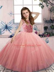 Latest Sleeveless Lace Up Floor Length Beading Kids Pageant Dress
