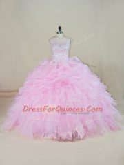 Custom Made Pink Ball Gowns Scoop Sleeveless Organza Brush Train Backless Beading and Ruffles Quinceanera Dress