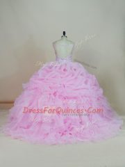 Custom Made Pink Ball Gowns Scoop Sleeveless Organza Brush Train Backless Beading and Ruffles Quinceanera Dress