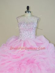 Custom Made Pink Ball Gowns Scoop Sleeveless Organza Brush Train Backless Beading and Ruffles Quinceanera Dress