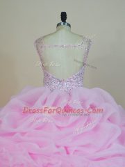 Custom Made Pink Ball Gowns Scoop Sleeveless Organza Brush Train Backless Beading and Ruffles Quinceanera Dress