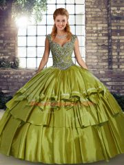 Spectacular Olive Green Straps Neckline Beading and Ruffled Layers Quinceanera Gown Sleeveless Lace Up