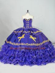 Purple Sleeveless Brush Train Embroidery and Ruffled Layers Quinceanera Gown