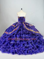 Purple Sleeveless Brush Train Embroidery and Ruffled Layers Quinceanera Gown