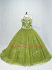 Ball Gowns Sleeveless Olive Green 15th Birthday Dress Brush Train Lace Up