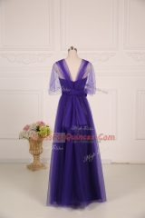 Super Purple Empire Tulle Straps Sleeveless Ruching Floor Length Zipper Vestidos de Damas