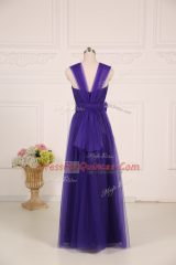 Super Purple Empire Tulle Straps Sleeveless Ruching Floor Length Zipper Vestidos de Damas