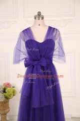 Super Purple Empire Tulle Straps Sleeveless Ruching Floor Length Zipper Vestidos de Damas