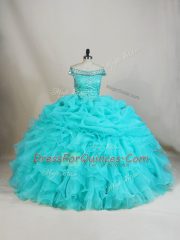 Organza Off The Shoulder Sleeveless Lace Up Beading and Ruffles Quinceanera Gown in Aqua Blue
