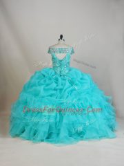 Organza Off The Shoulder Sleeveless Lace Up Beading and Ruffles Quinceanera Gown in Aqua Blue