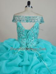 Organza Off The Shoulder Sleeveless Lace Up Beading and Ruffles Quinceanera Gown in Aqua Blue