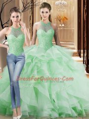 Beading and Ruffles Ball Gown Prom Dress Apple Green Lace Up Sleeveless Brush Train