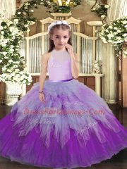 Multi-color Tulle Backless High-neck Sleeveless Floor Length Little Girl Pageant Dress Ruffles