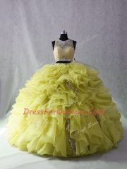 Organza and Sequined Scoop Sleeveless Brush Train Zipper Beading and Ruffles Quinceanera Gown in Yellow Green