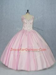 Baby Pink Sleeveless Floor Length Beading and Appliques Backless Quinceanera Gown