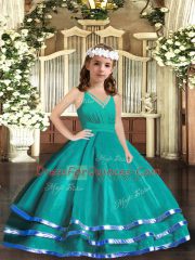 Turquoise V-neck Neckline Ruffled Layers Child Pageant Dress Sleeveless Zipper