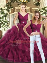 Burgundy Sleeveless Floor Length Beading and Ruffles Backless Quinceanera Dresses