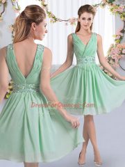 Stunning Sleeveless Chiffon Knee Length Zipper Quinceanera Court of Honor Dress in Apple Green with Beading