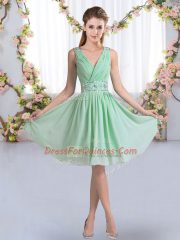 Stunning Sleeveless Chiffon Knee Length Zipper Quinceanera Court of Honor Dress in Apple Green with Beading