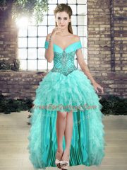 Sleeveless Organza High Low Lace Up Evening Dress in Aqua Blue with Beading and Ruffles