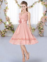 V-neck Sleeveless Chiffon Quinceanera Court Dresses Hand Made Flower Lace Up