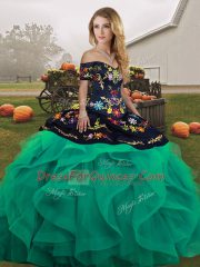 Beautiful Turquoise Sweet 16 Dresses Military Ball and Sweet 16 and Quinceanera with Embroidery and Ruffles Off The Shoulder Sleeveless Lace Up