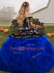 Beautiful Turquoise Sweet 16 Dresses Military Ball and Sweet 16 and Quinceanera with Embroidery and Ruffles Off The Shoulder Sleeveless Lace Up