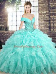 Attractive Aqua Blue Off The Shoulder Neckline Beading and Ruffles Vestidos de Quinceanera Sleeveless Lace Up